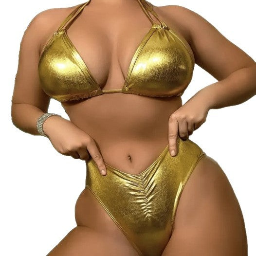 Golden Hour Liquid Metallic Halter Bikini – High-Cut Ruched Two-Piece Swimsuit