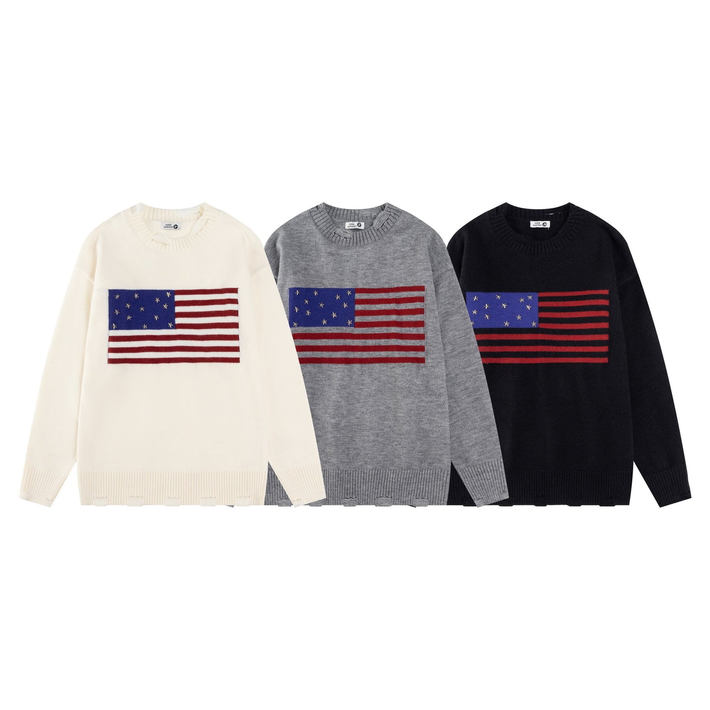 Studded Star Detail Flag Jacquard Knit Pullover Sweater