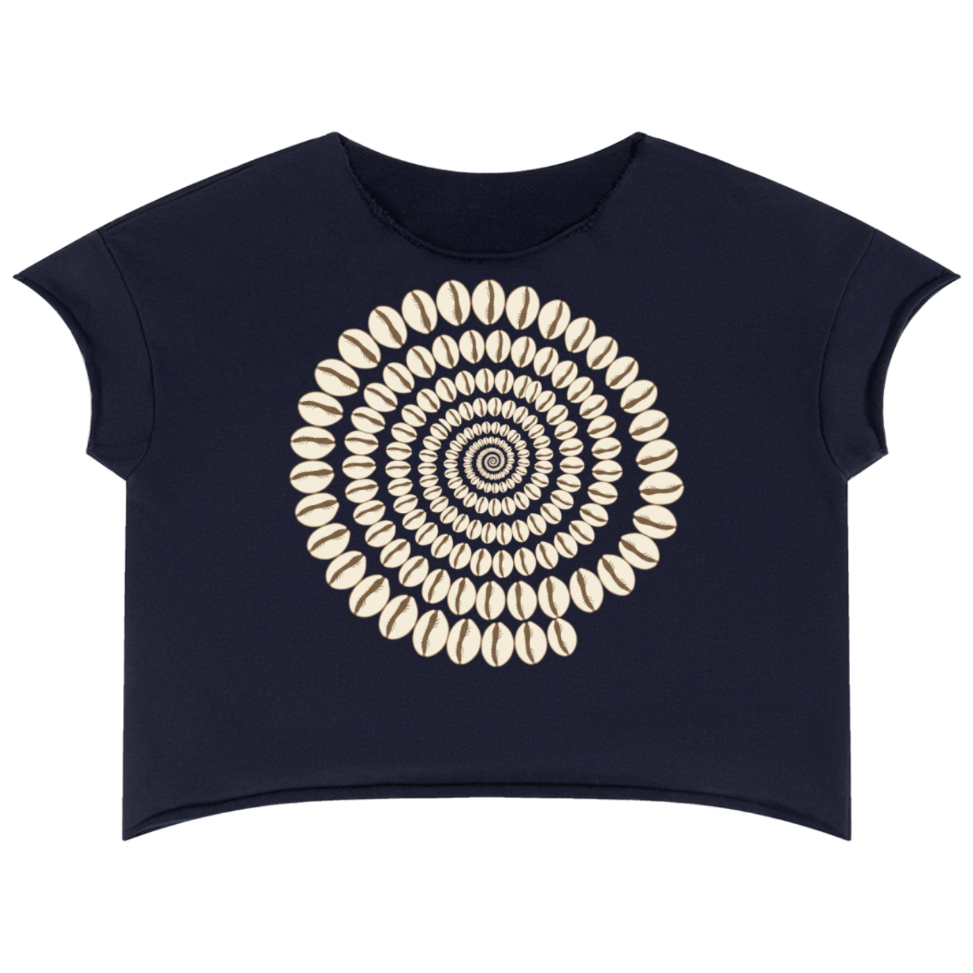A navy blue short-sleeve crop top featuring a large circular mandala-style graphic made of cream-colored cowrie shells on the front, displayed against a solid white background.