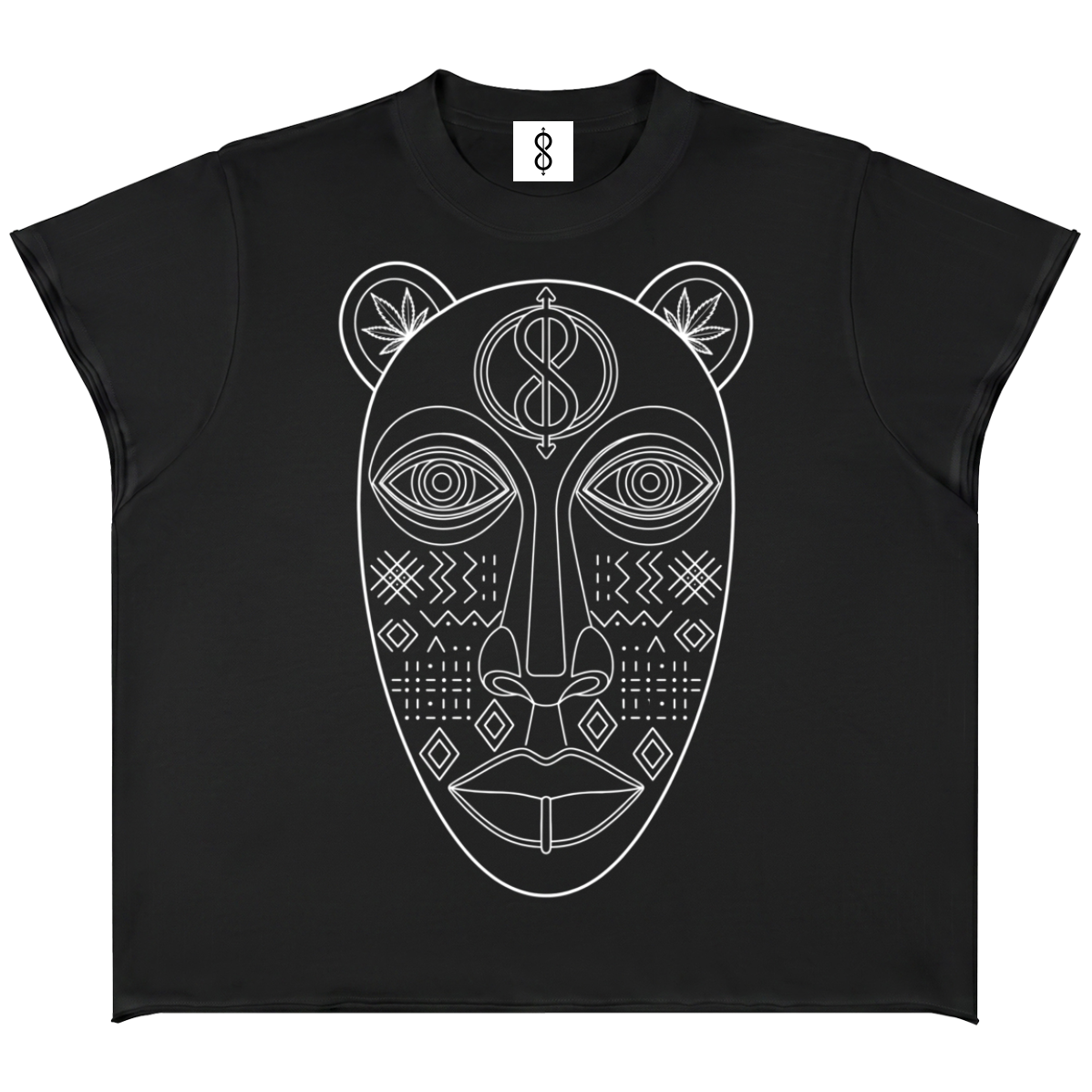 A black short-sleeve crop top t-shirt featuring a white line art graphic of an African tribal mask with animal-inspired eye details, displayed on a clean white background.