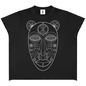 A black short-sleeve crop top t-shirt featuring a white line art graphic of an African tribal mask with animal-inspired eye details, displayed on a clean white background.
