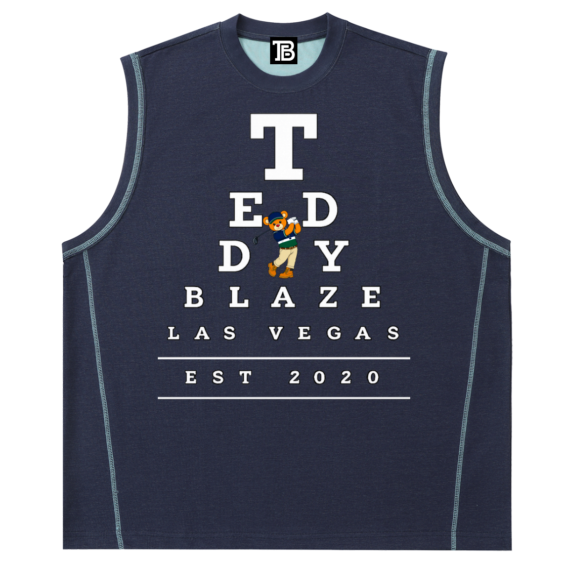 Navy sleeveless shirt with 'Today Blaze Las Vegas' text and logo on a white background