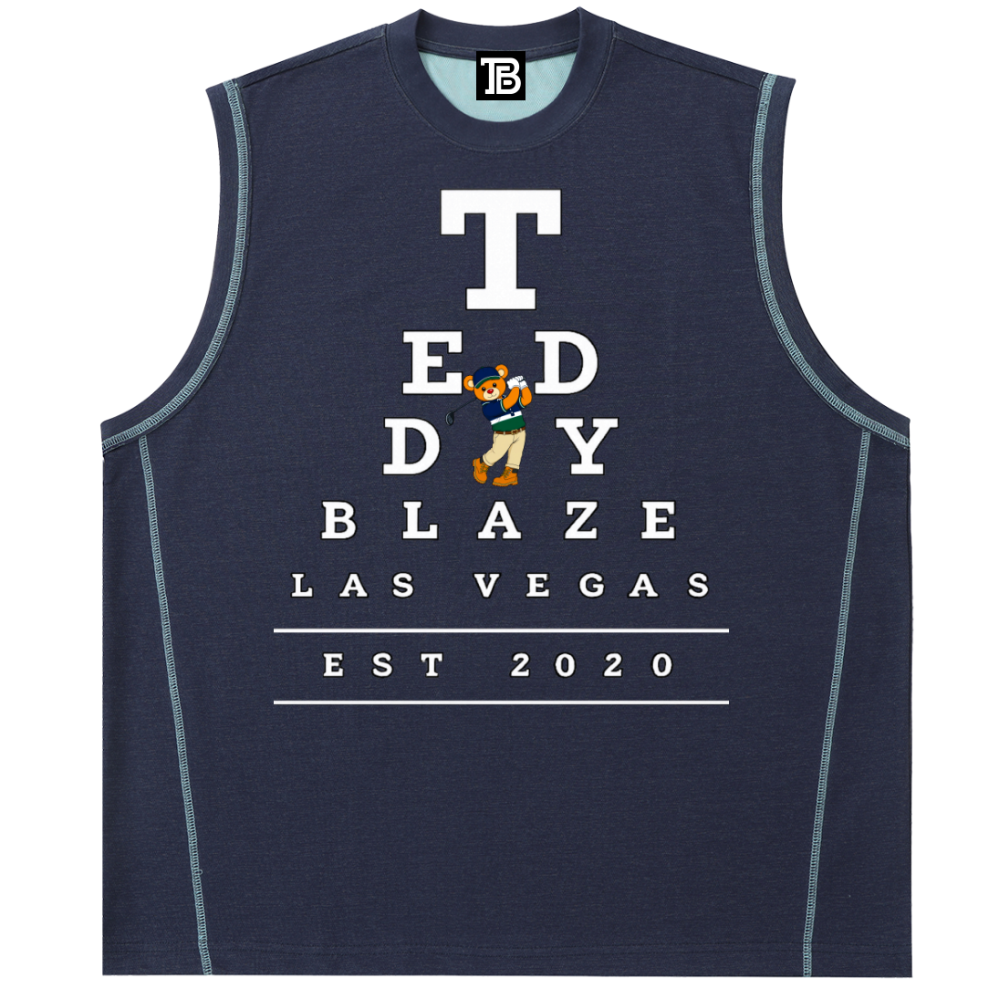 Navy sleeveless shirt with 'Today Blaze Las Vegas' text and logo on a white background