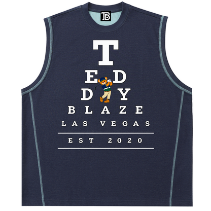 Navy sleeveless shirt with 'Today Blaze Las Vegas' text and logo on a white background