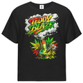 A black short-sleeve t-shirt with a colorful graphic on the front featuring the text 'TEDDY BLAZE' in red, yellow, and green, above a smoking bong and cannabis leaves.
