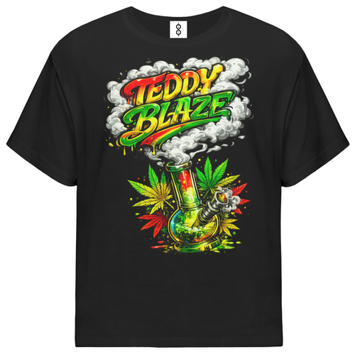 A black short-sleeve t-shirt with a colorful graphic on the front featuring the text 'TEDDY BLAZE' in red, yellow, and green, above a smoking bong and cannabis leaves.