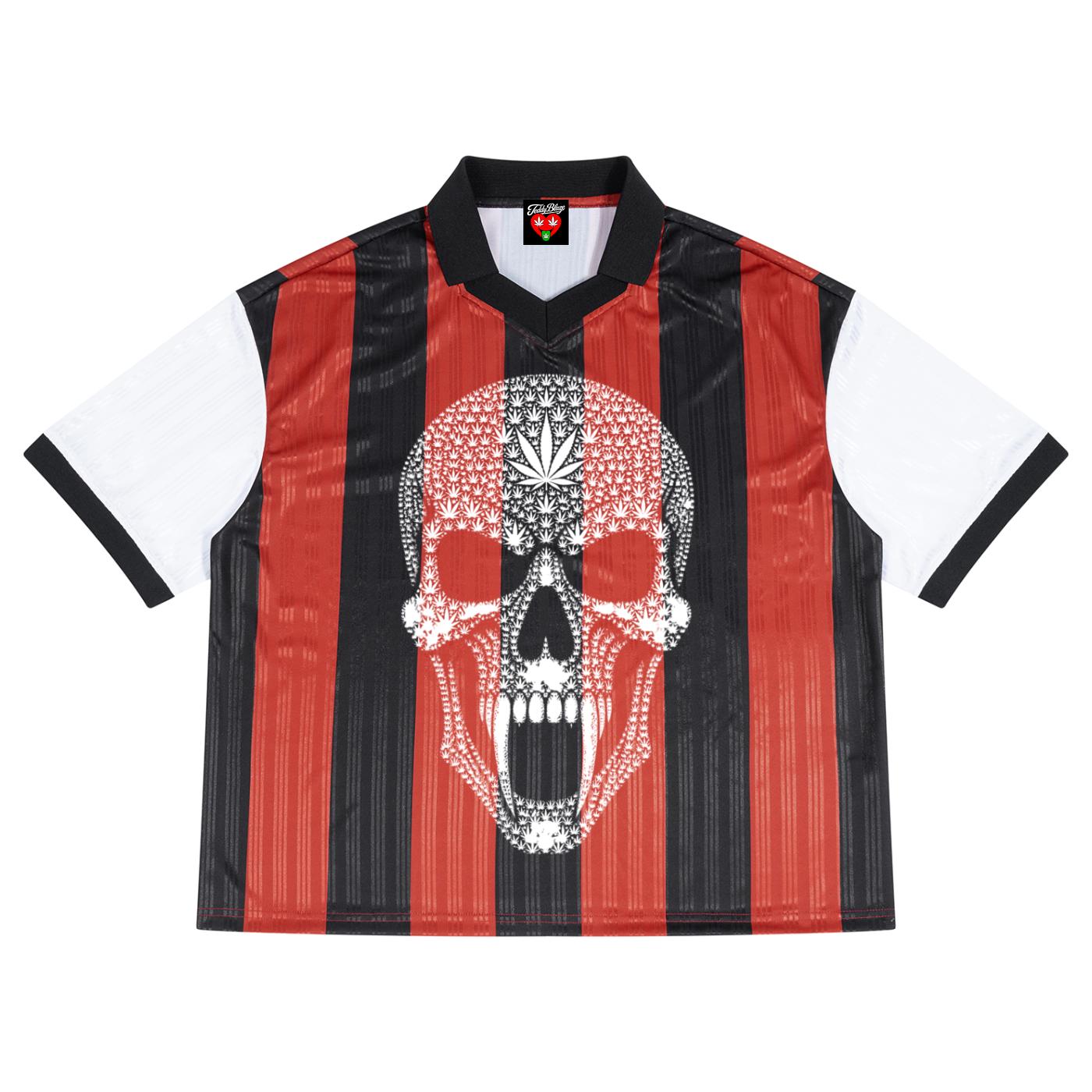 A short-sleeve soccer jersey with vertical red and black stripes, white sleeves, and a large white skull graphic on the front, shown against a plain white background.