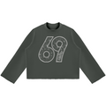 A dark gray long-sleeve crop top sweatshirt featuring a large white graphic of the number 69 filled with a mandala pattern on the front.