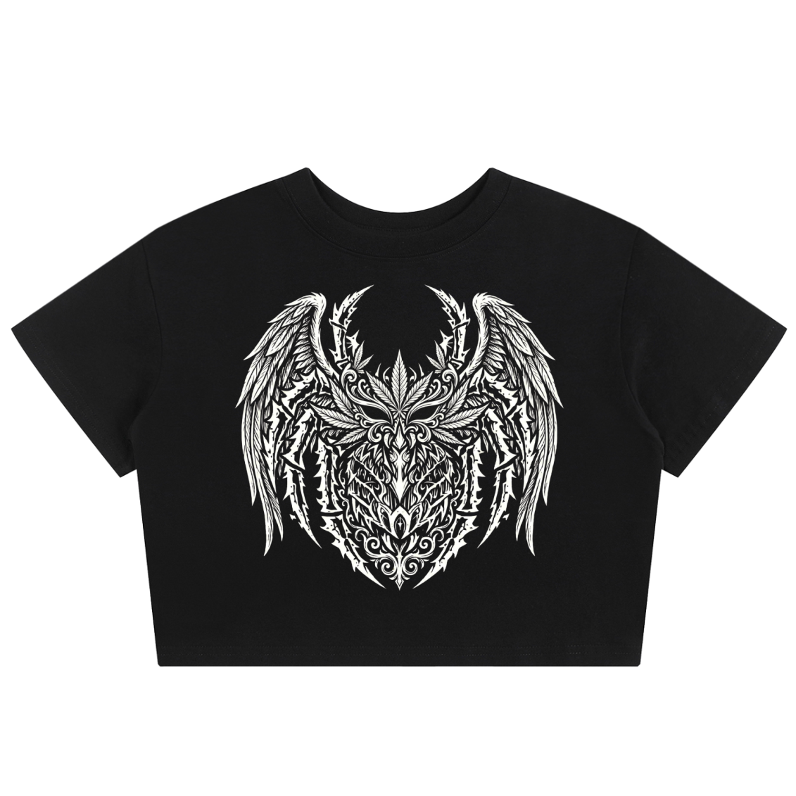 A black short-sleeve crop top t-shirt featuring a large white tribal-style graphic of a horned, winged creature on the chest, displayed against a solid white background.