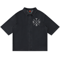 Black short-sleeve shirt with a logo on a white background