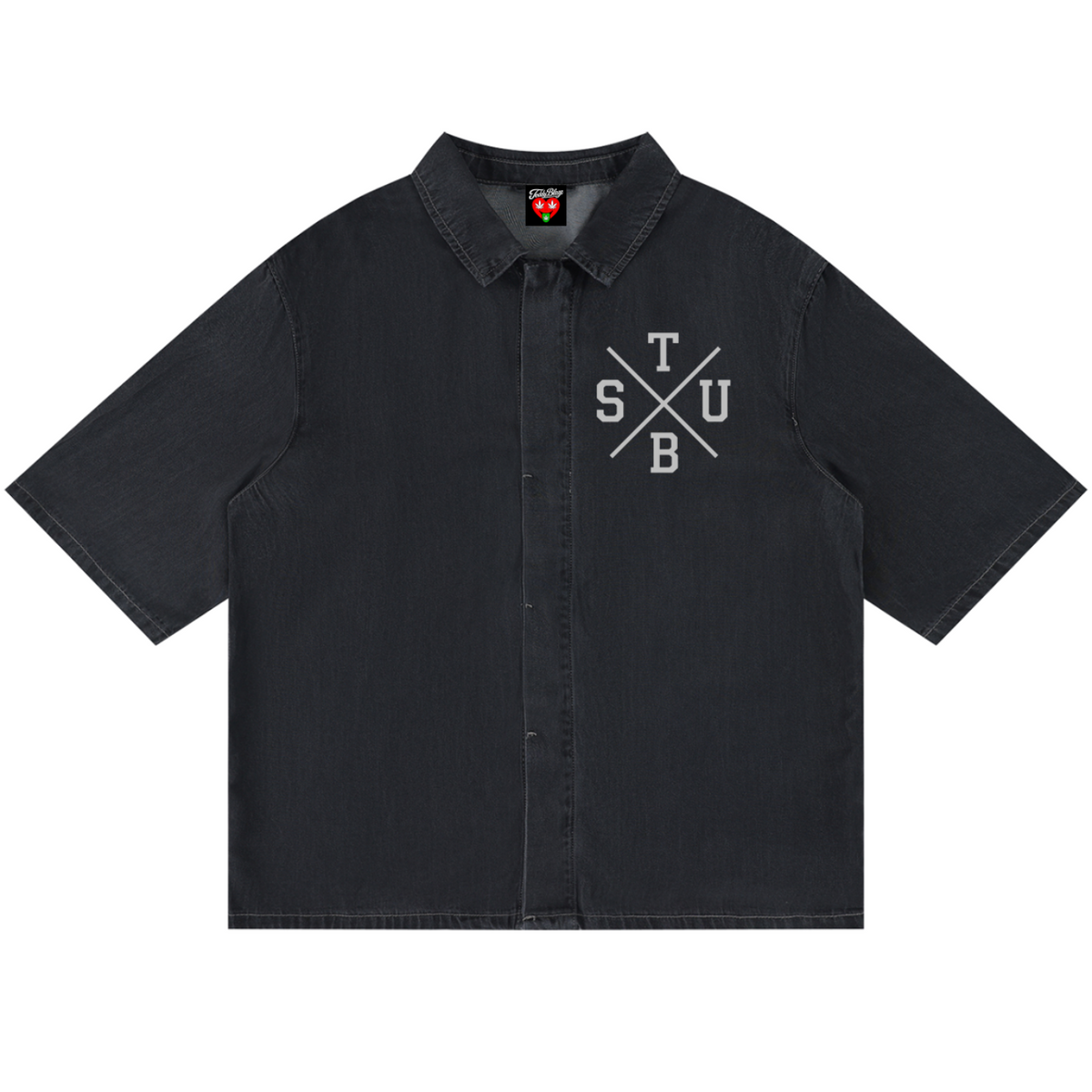 Black short-sleeve shirt with a logo on a white background