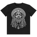 A black short-sleeve crewneck t-shirt featuring a detailed white graphic print of Bob Marley's face, styled with cannabis leaves and a patterned hat, shown against a plain white background.