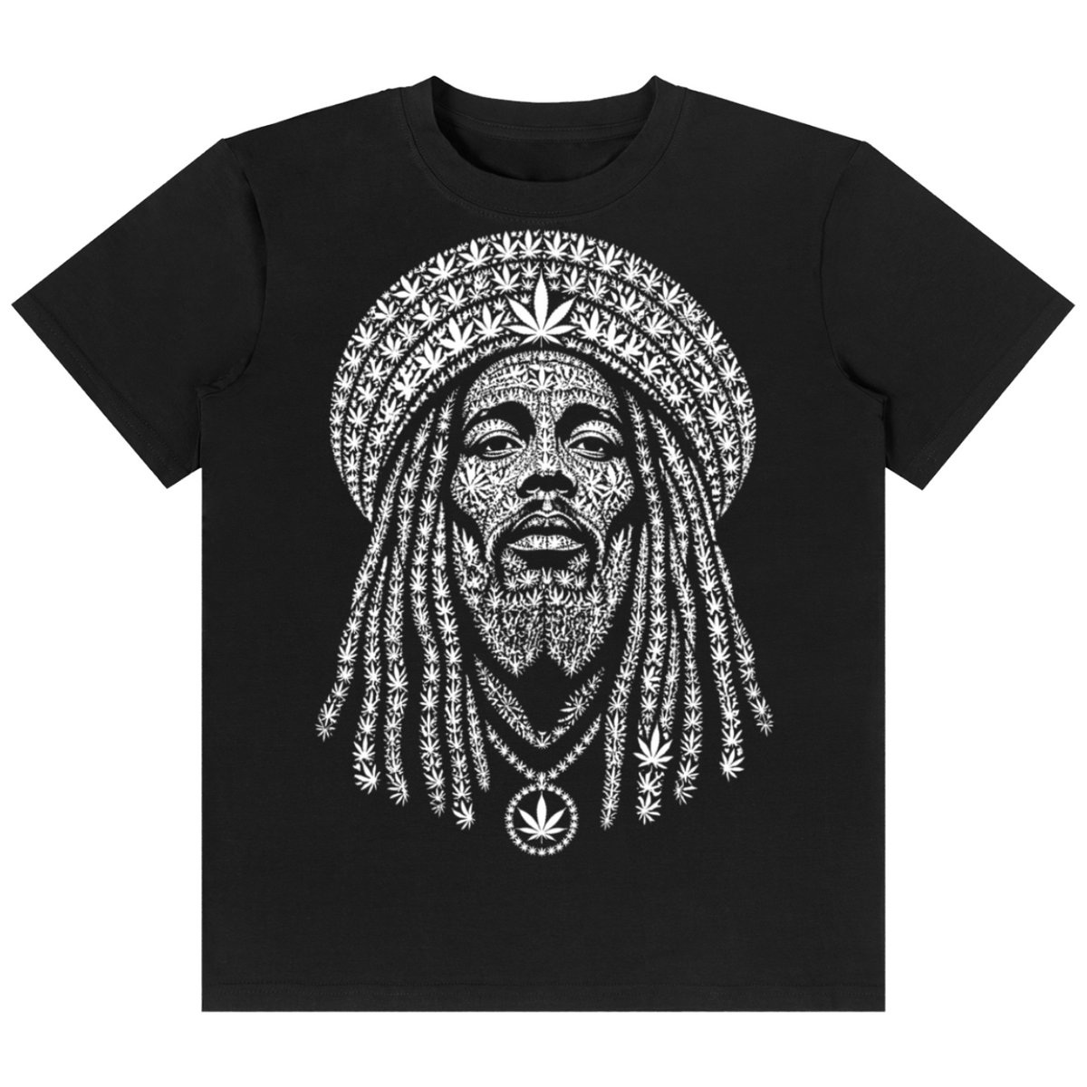 A black short-sleeve crewneck t-shirt featuring a detailed white graphic print of Bob Marley's face, styled with cannabis leaves and a patterned hat, shown against a plain white background.