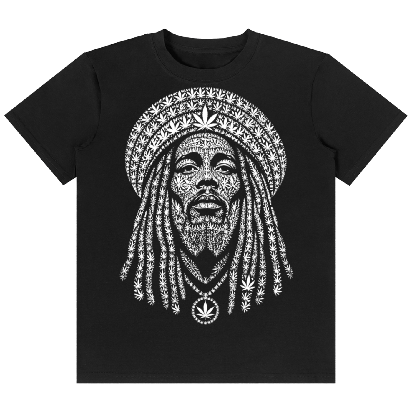 A black short-sleeve crewneck t-shirt featuring a detailed white graphic print of Bob Marley's face, styled with cannabis leaves and a patterned hat, shown against a plain white background.