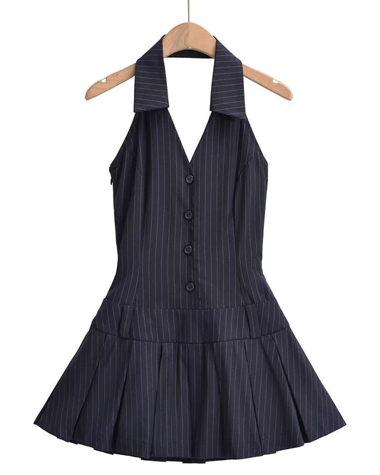 Pinstriped Halter V-Neck Backless Pleated Hip Dress