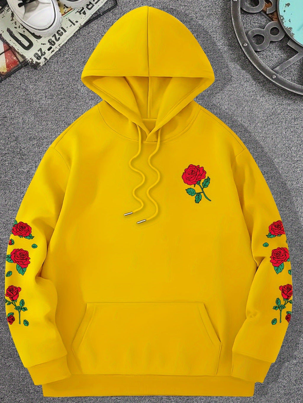 Shop the Rose Print Sleeve Pullover Hoodie by Teddy Blaze. Soft fleece pullover featuring red rose sleeve graphics from THE IVY MAN collection.