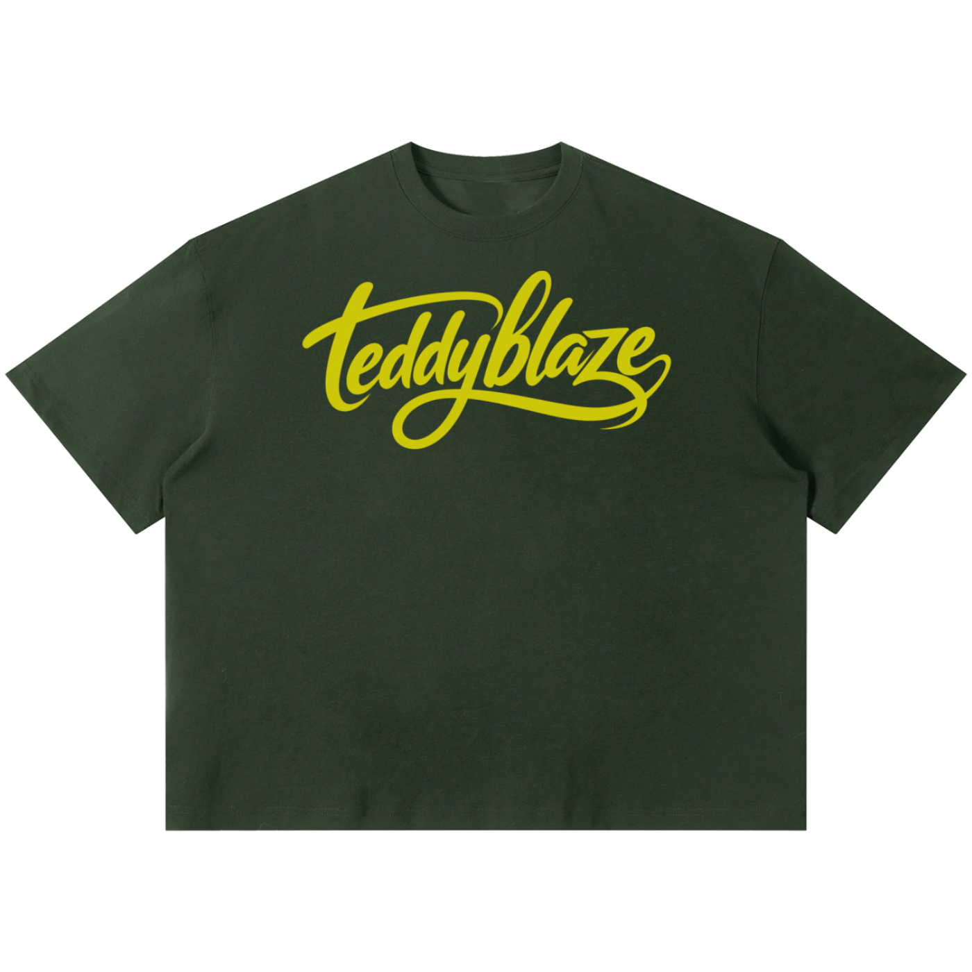 Shop the Signature Boxy Tee by Teddy Blaze. 220 GSM cotton-poly oversized drop-shoulder t-shirt with yellow script logo from TOPS BY TEDDY BLAZE.