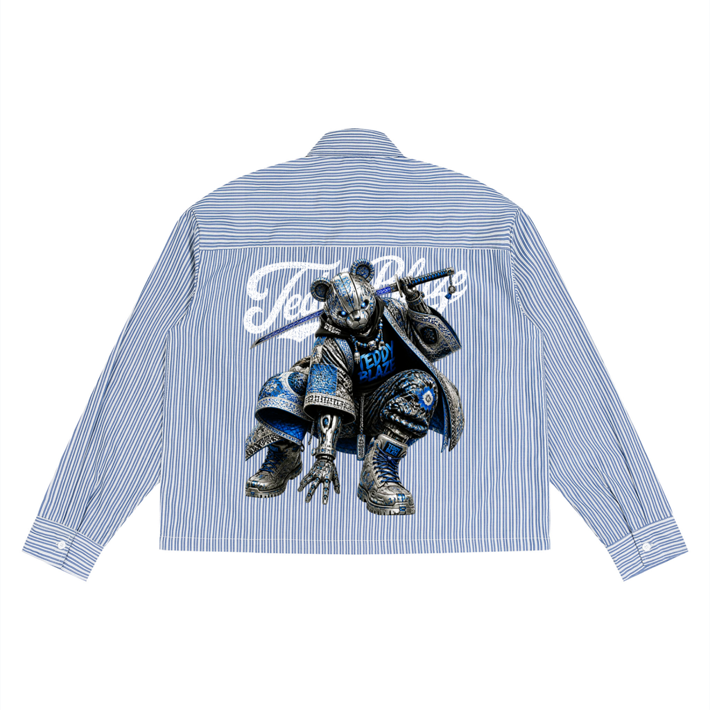 A blue and white vertically striped long-sleeve shirt shown from the back, featuring a large graphic print of a bear in metallic armor with a sword and a white script logo across the upper back.