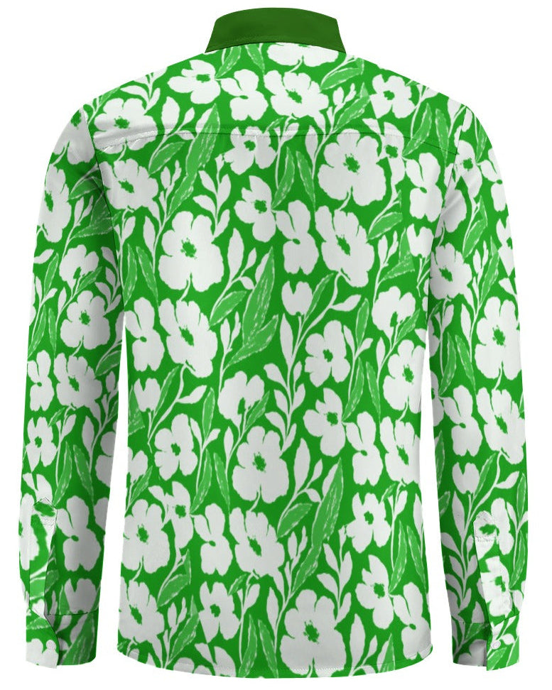 Shop the Iron + Ivy Emerald Blossom Peach Velvet Shirt by Teddy Blaze. Long sleeve peach velvet button-down featuring a white floral botanical print and contrast green collar.