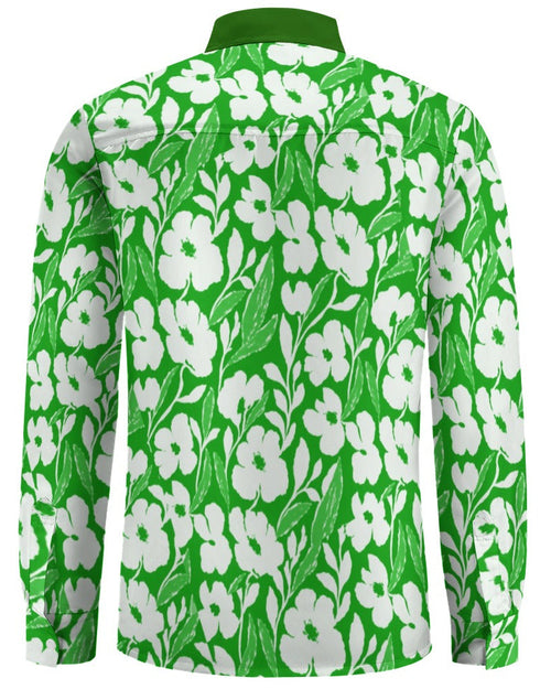 Shop the Iron + Ivy Emerald Blossom Peach Velvet Shirt by Teddy Blaze. Long sleeve peach velvet button-down featuring a white floral botanical print and contrast green collar.
