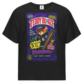 A black short-sleeve crewneck t-shirt featuring a large, colorful graphic print on the front. The graphic is styled like a vintage candy box labeled 'TEDDY BLAZE Blazberry' with an illustration of a teddy bear holding a cigar and a bat, set against a solid white background.