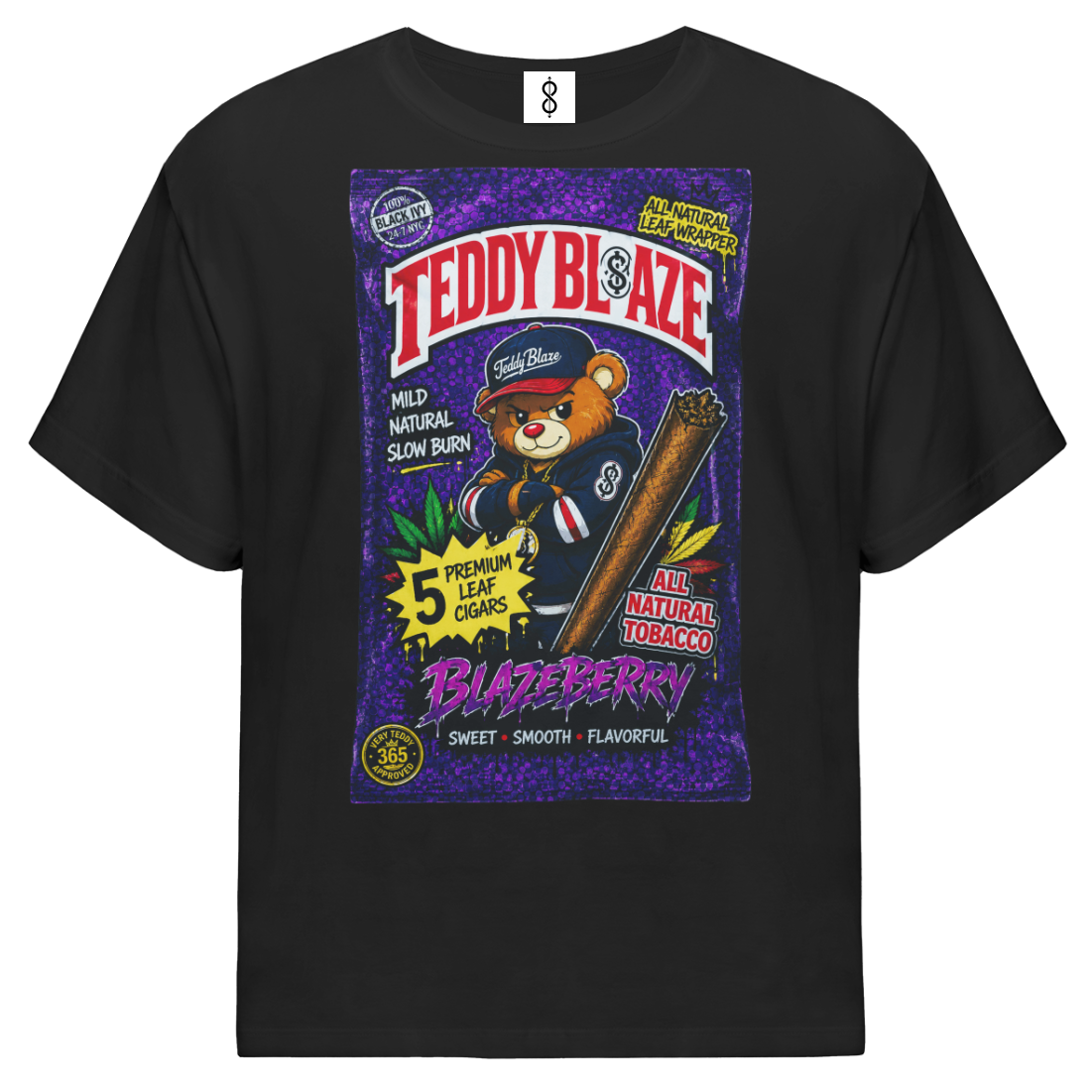A black short-sleeve crewneck t-shirt featuring a large, colorful graphic print on the front. The graphic is styled like a vintage candy box labeled 'TEDDY BLAZE Blazberry' with an illustration of a teddy bear holding a cigar and a bat, set against a solid white background.
