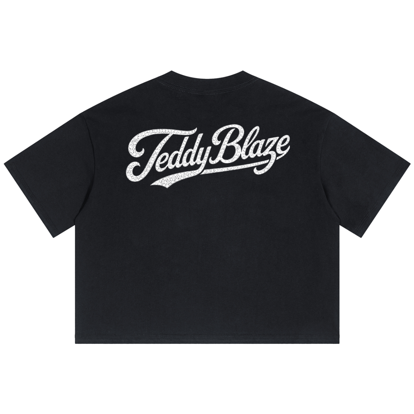 A black short-sleeve t-shirt with a white distressed script logo reading 'TeddyBlaze' across the chest, displayed flat against a solid white background.