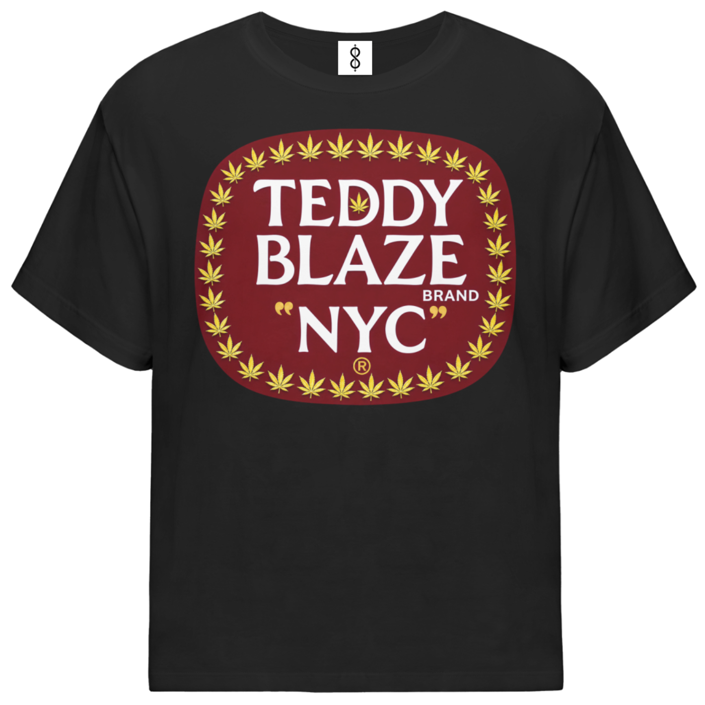 A black short-sleeve crewneck t-shirt featuring a large graphic on the chest. The graphic is a dark red rounded rectangle with white text reading 'TEDDY BLAZE BRAND NYC' and a border of yellow cannabis leaves, set against a plain white background.
