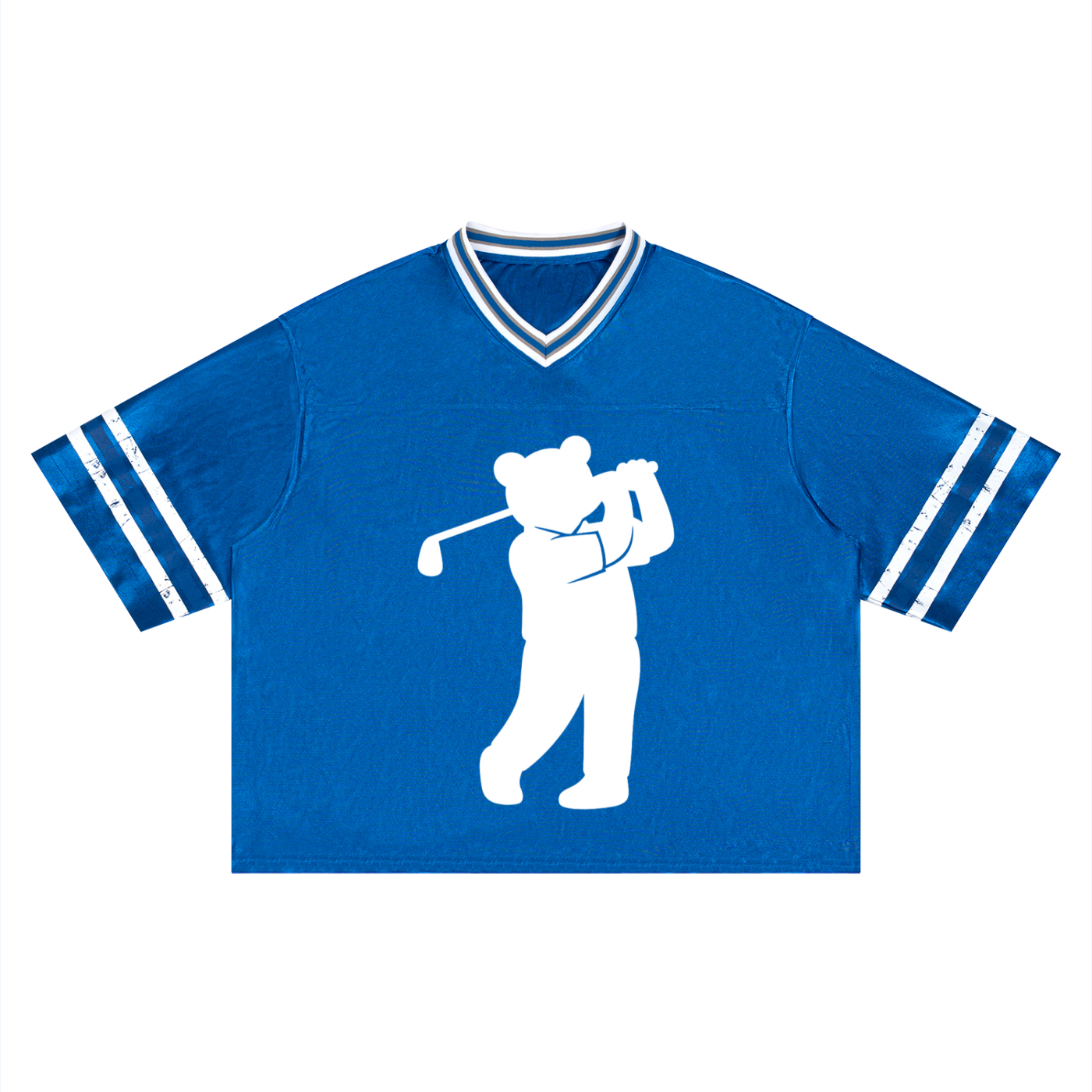 Blue shirt with white silhouette of a person playing golf on a white background