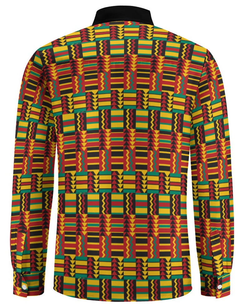 Shop the Iron + Ivy Kente Heritage Peach Velvet Shirt by Teddy Blaze. Long sleeve peach velvet button-down featuring vibrant Ghanaian Kente cloth geometric patterns and a contrast black collar.