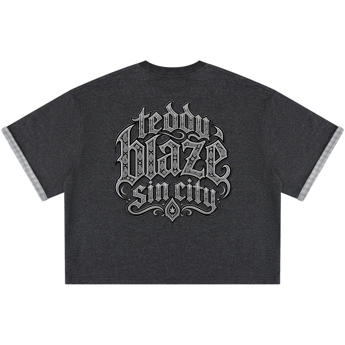 Elevate your casualwear with the Teddy Blaze Sin City Sacred Plaid-Lined Double-Face Tee. Charcoal stretch-cotton, exposed plaid trim, and tattoo praying hands print. Shop NYC to Vegas style.