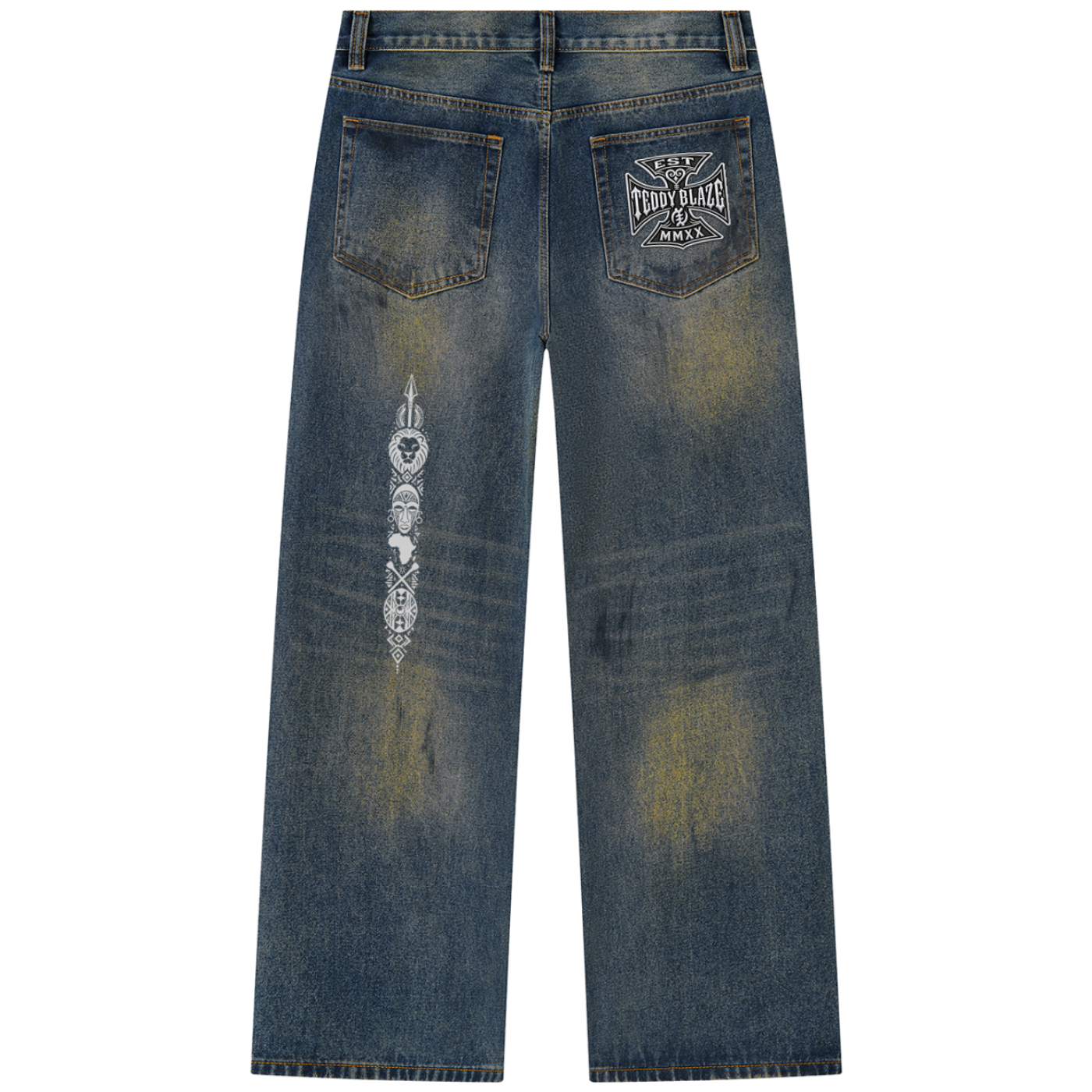Shop DaCruz Afrodemia Vintage Wash Wide Leg Denim Jeans by Teddy Blaze, featuring heavyweight vintage-wash denim, DaCruz graphics and Afrocentric iconography.