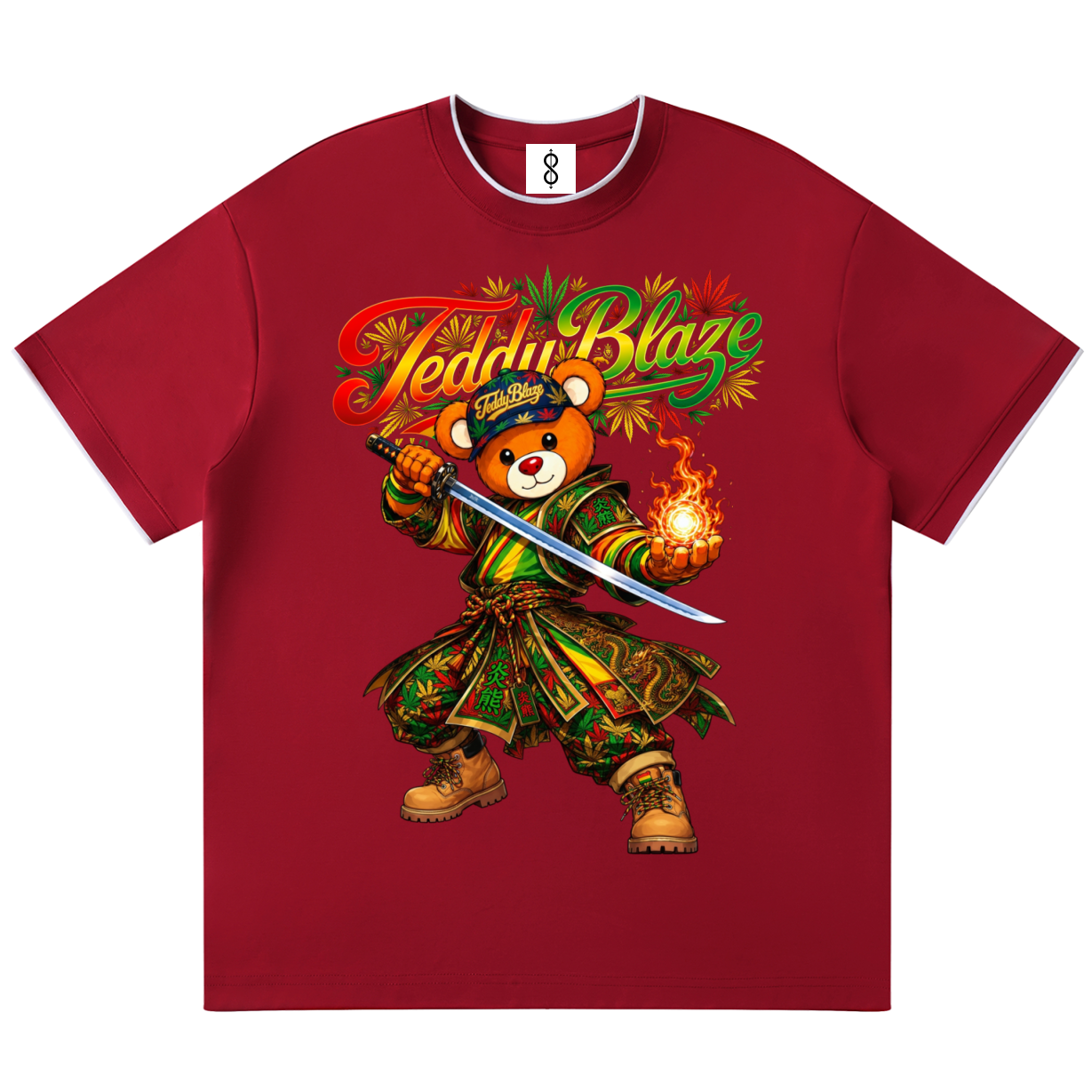 A red short-sleeve crewneck t-shirt featuring a colorful graphic of a teddy bear dressed in a green samurai kilt and holding a sword, with the text 'Teddy Blaze' above it.