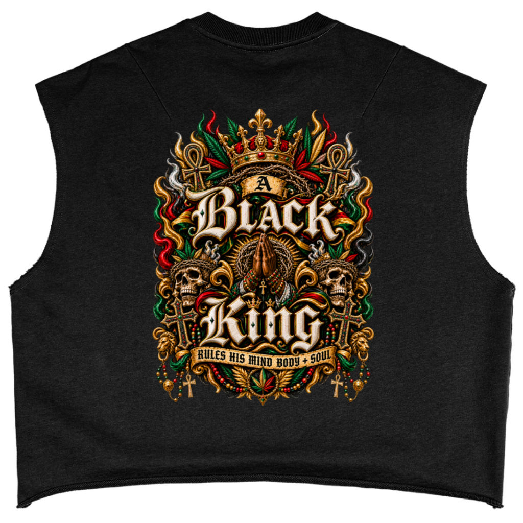 Shop the Black King French Terry Boxy Tank by Teddy Blaze. 340 GSM french terry muscle tank featuring regal "BLACK KING" graphics from THE BLAZE MAN.