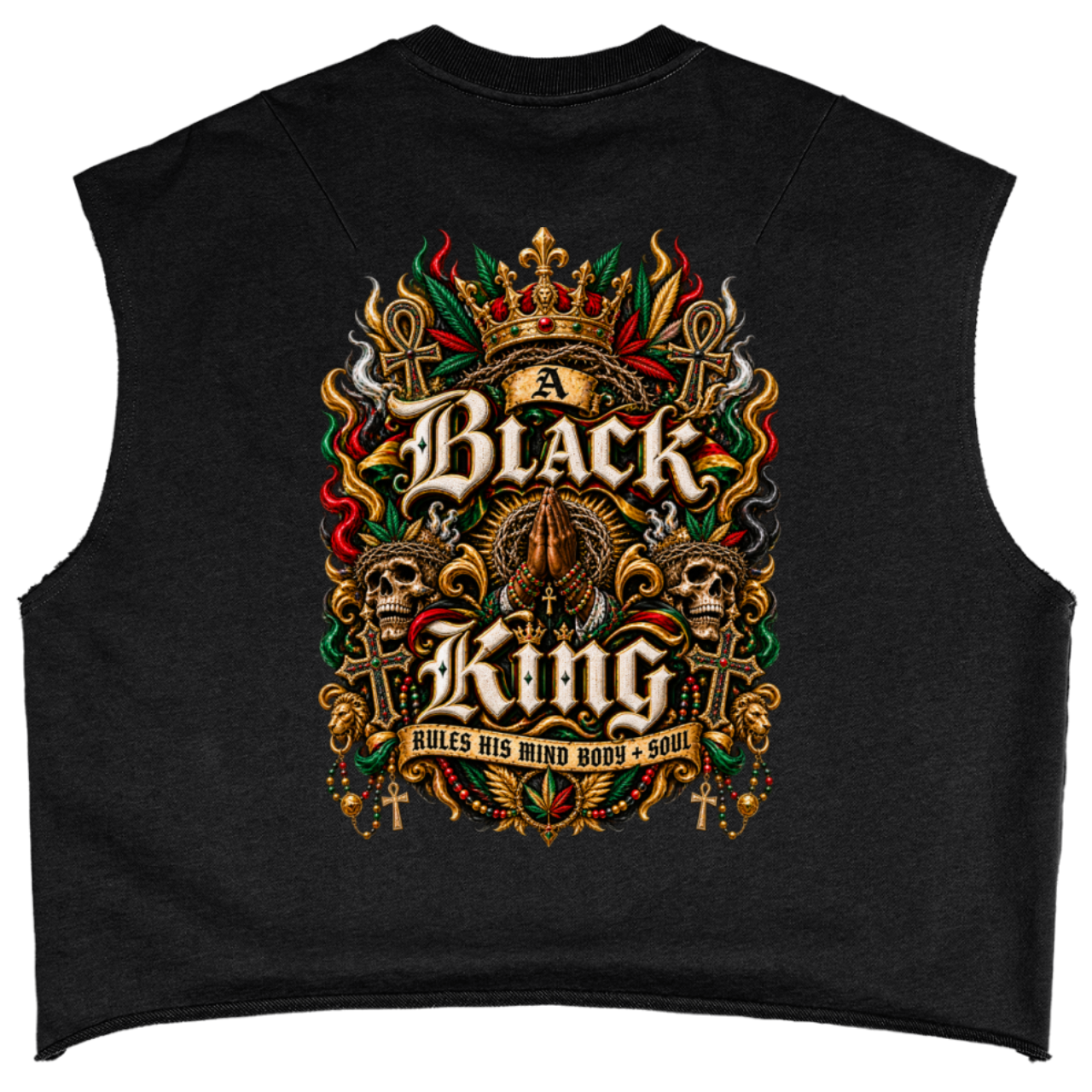 Shop the Black King French Terry Boxy Tank by Teddy Blaze. 340 GSM french terry muscle tank featuring regal "BLACK KING" graphics from THE BLAZE MAN.