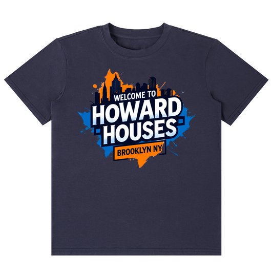 A navy blue short-sleeve t-shirt with a colorful graphic on the chest that reads 'WELCOME TO HOWARD HOUSES BROOKLYN NY' over a city skyline and map design.