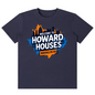 A navy blue short-sleeve t-shirt with a colorful graphic on the chest that reads 'WELCOME TO HOWARD HOUSES BROOKLYN NY' over a city skyline and map design.