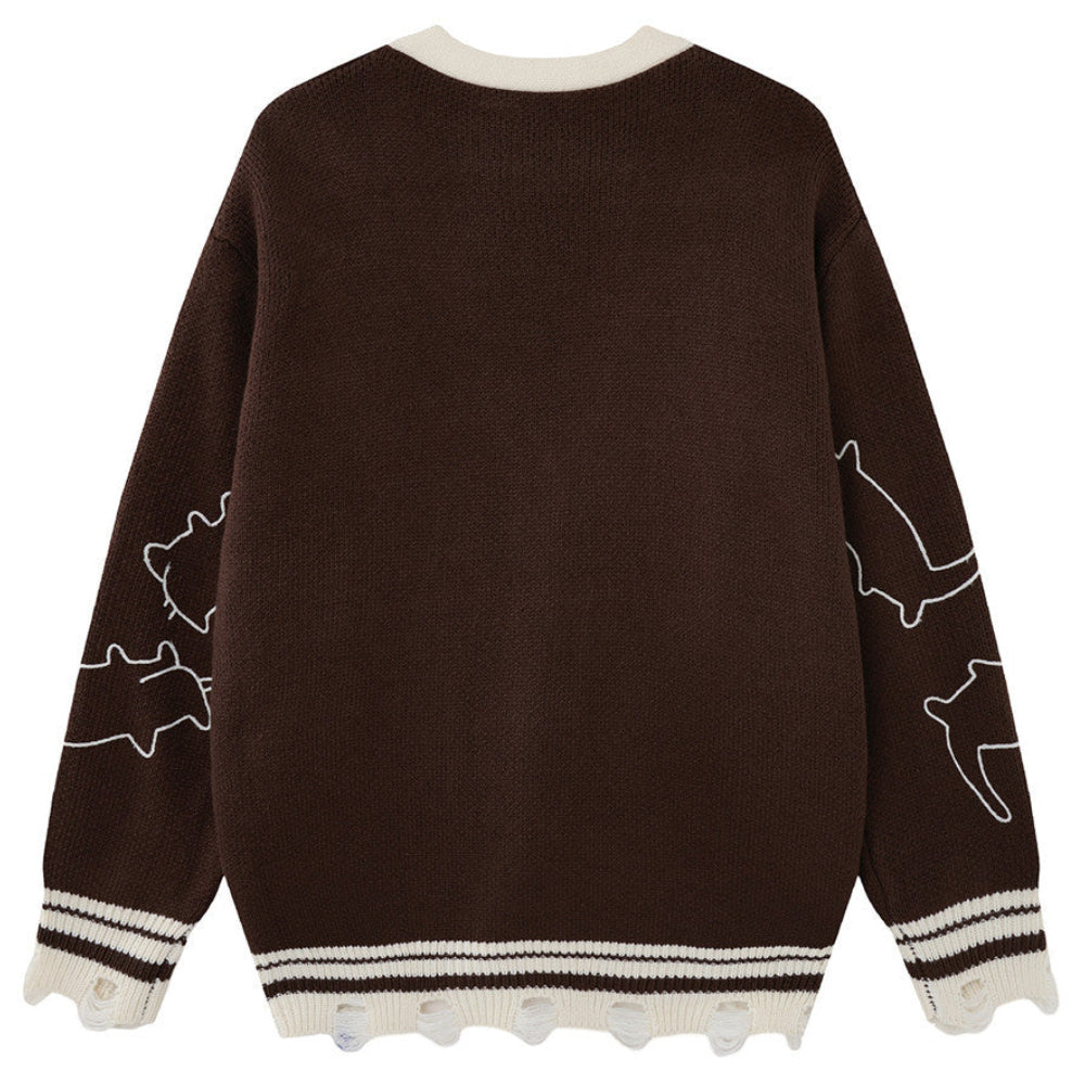 Shop the Iron + Ivy Abstract Feline Line-Art Cardigan by Teddy Blaze. Oversized coffee brown acrylic knit cardigan featuring contrast white line-art cat graphics and distressed hem detailing.