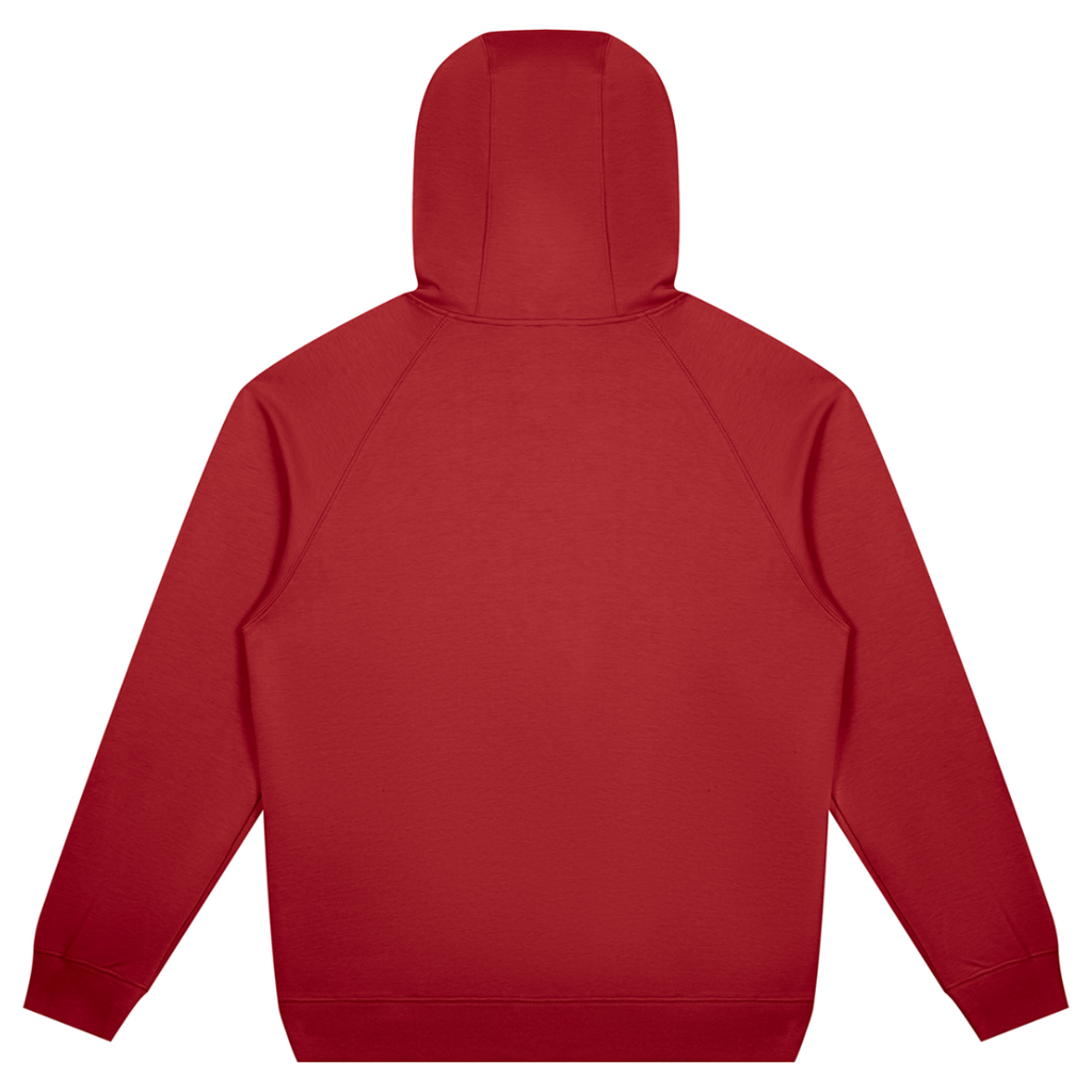 Shop the Signature Raglan Sleeve Hooded Jumper by Teddy Blaze. Heavyweight 380 GSM crimson red tech fleece hoodie featuring "TEDDY★BLAZE" stencil typography from THE BLAZE MAN.