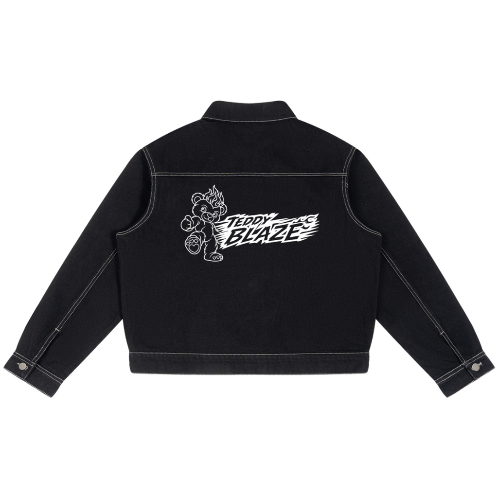 Elevate your luxury denim jacket lineup with the House of Teddy Blaze Afro Yorker Box Cut Denim Jacket. Heavyweight 428 gsm black cotton-poly denim jacket, contrast white stitching, Afro Yorker portrait, and NYC Statue of Liberty back emblem embroidery. Shop NYC to Vegas style.