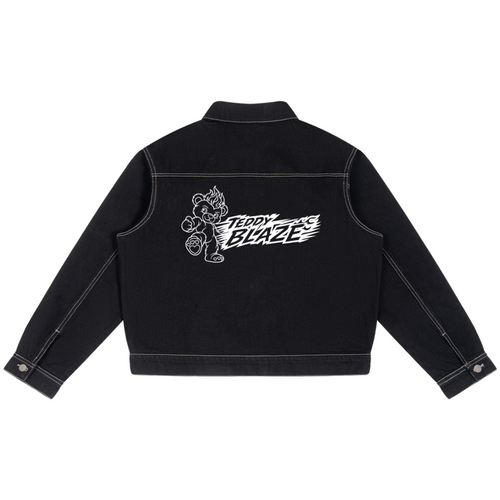 Elevate your luxury denim jacket lineup with the House of Teddy Blaze Afro Yorker Box Cut Denim Jacket. Heavyweight 428 gsm black cotton-poly denim jacket, contrast white stitching, Afro Yorker portrait, and NYC Statue of Liberty back emblem embroidery. Shop NYC to Vegas style.