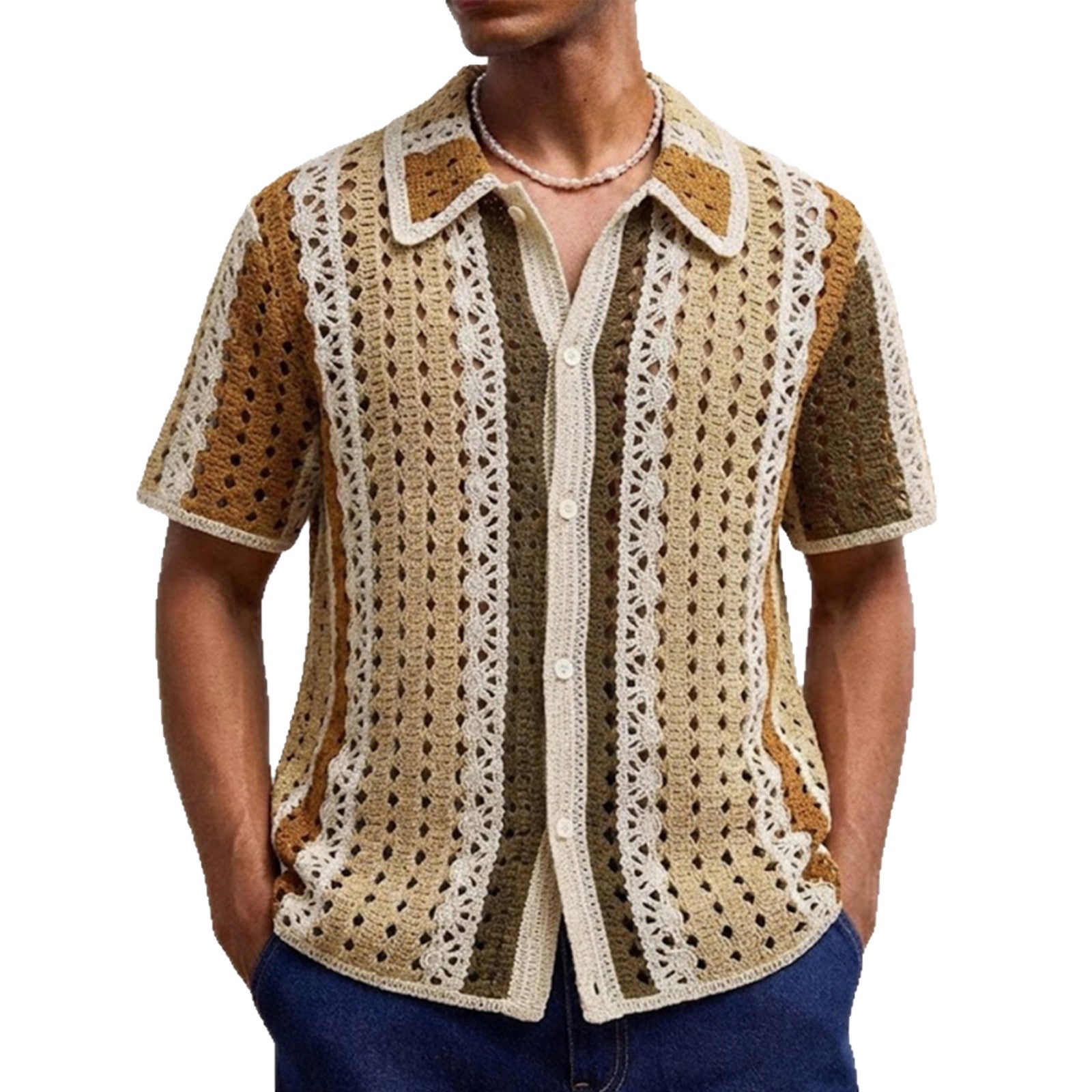 Vintage Khaki Crochet Cabana Shirt