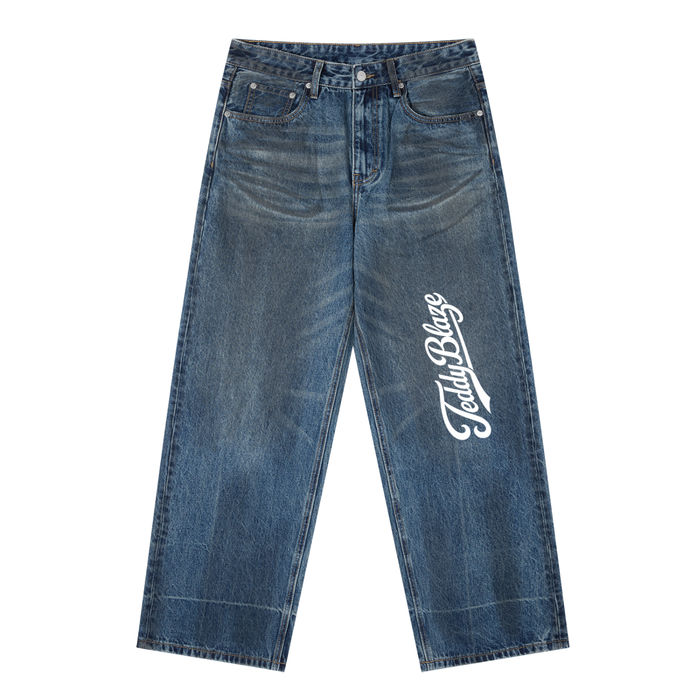 Men’s vintage wash denim jeans with a bold Signature leg graphic, heavyweight cotton-viscose denim, and BK Collection streetwear energy.