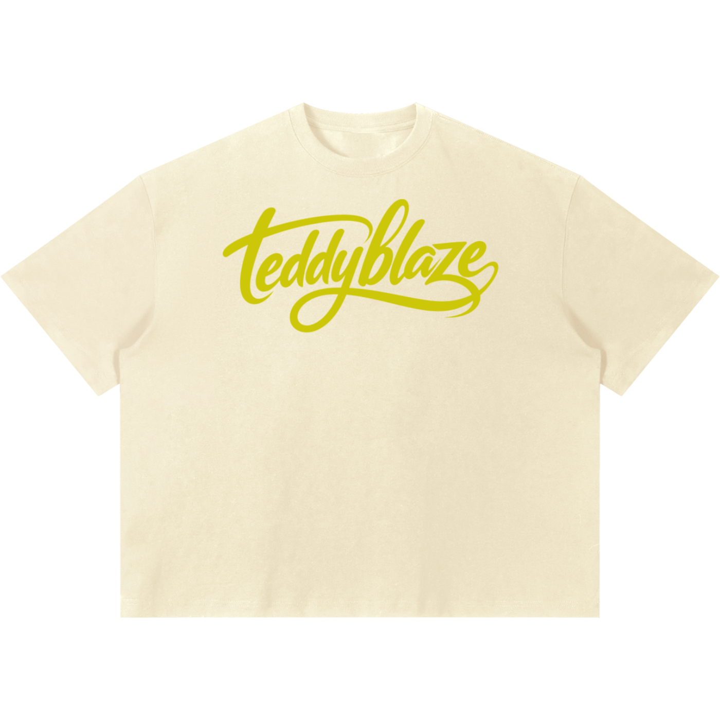 Shop the Signature Boxy Tee by Teddy Blaze. 220 GSM cotton-poly oversized drop-shoulder t-shirt with yellow script logo from TOPS BY TEDDY BLAZE.