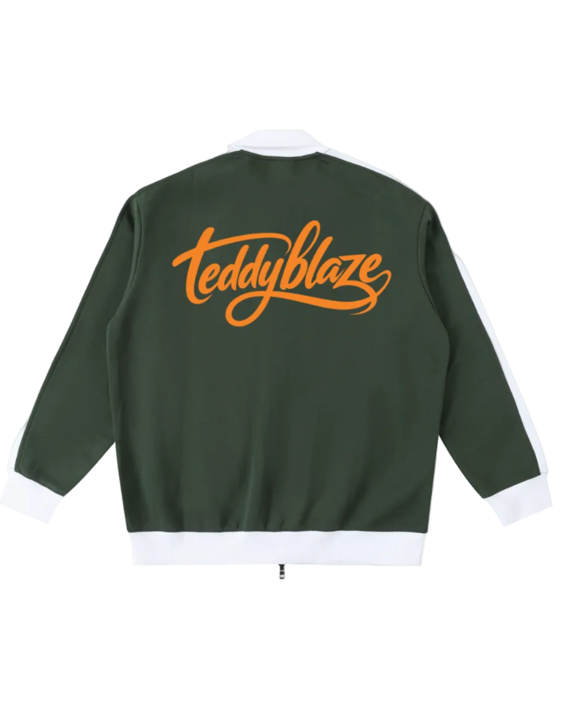 Shop the Iron + Ivy Signature Contrast Trim Stand Collar Track Jacket by Teddy Blaze. Forest green 380 GSM fleece jacket with white contrast sleeves, collar, and orange back script.