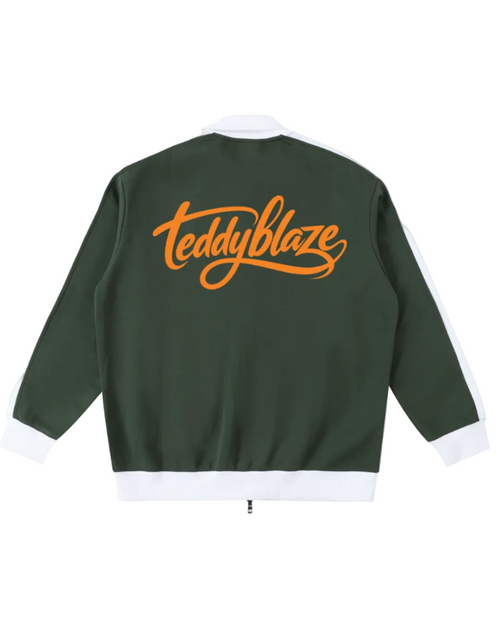 Shop the Iron + Ivy Signature Contrast Trim Stand Collar Track Jacket by Teddy Blaze. Forest green 380 GSM fleece jacket with white contrast sleeves, collar, and orange back script.
