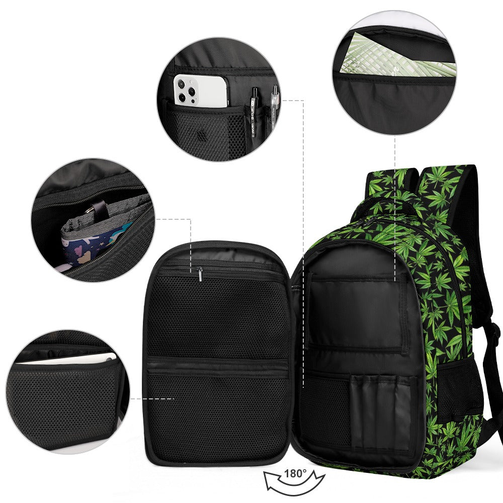 Shop the Botanical Backpack by Teddy Blaze. Premium polyester travel backpack with all-over cannabis leaf print and silver logo emblem from FUEGO.