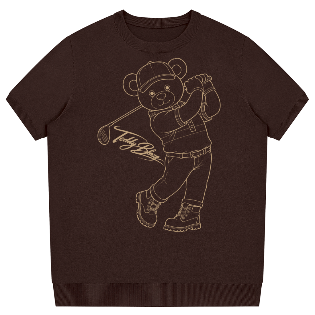 Brown t-shirt with a bear graphic holding a golf club on a white background