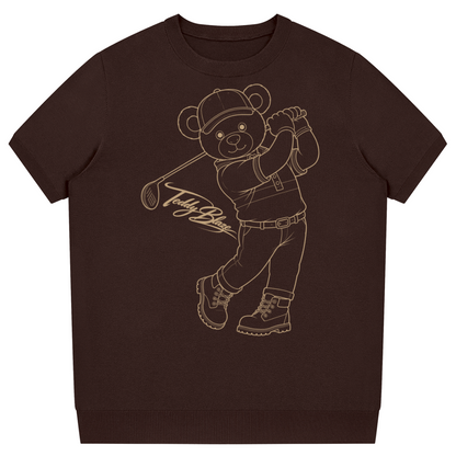Brown t-shirt with a bear graphic holding a golf club on a white background