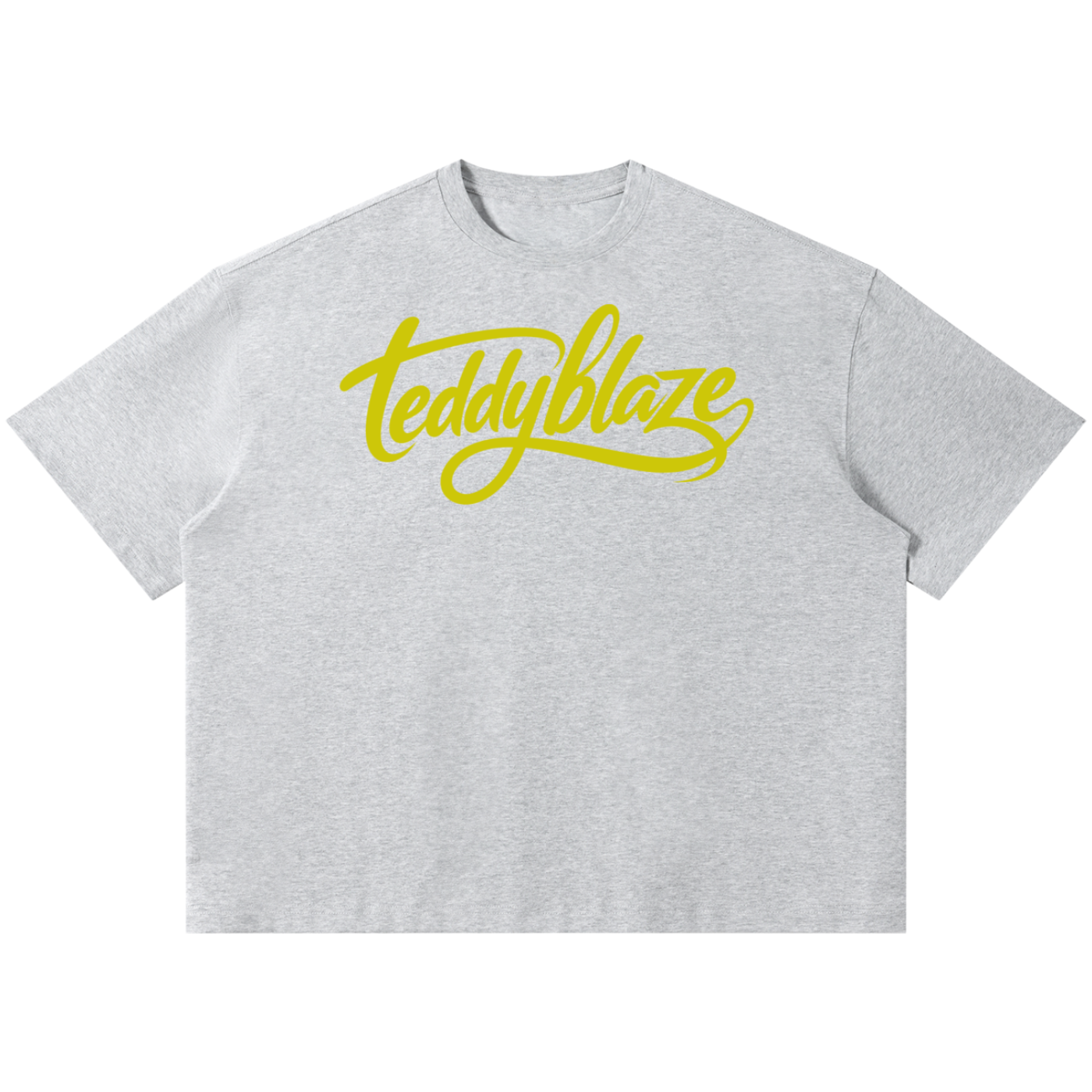 Shop the Signature Boxy Tee by Teddy Blaze. 220 GSM cotton-poly oversized drop-shoulder t-shirt with yellow script logo from TOPS BY TEDDY BLAZE.